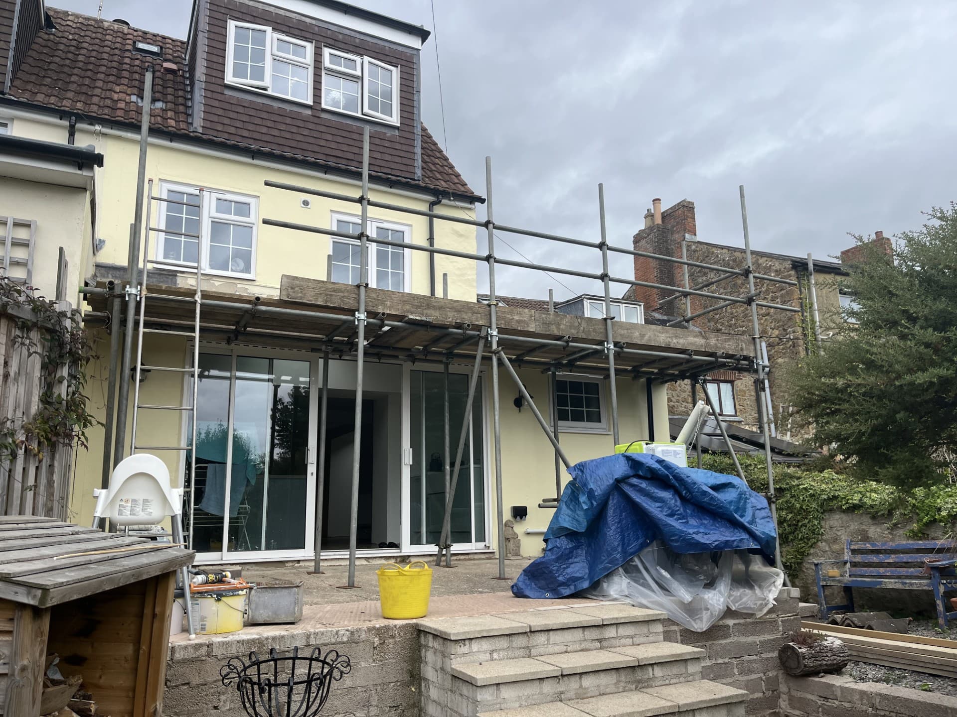 Scaffolding around a commercial facade